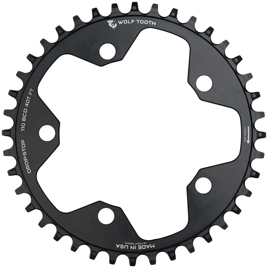 Wolf Tooth 110 Bcd Cyclocross And Road Chainring - 38T 110 Bcd 5-Bolt Drop-Stop 10/11/12-Speed Eagle And Flattop Compatible Black 1