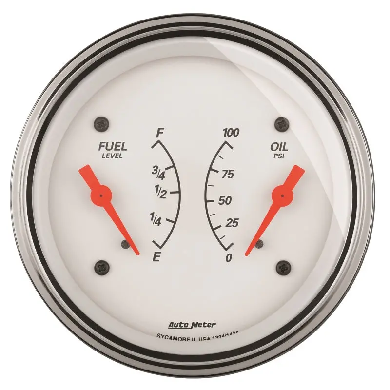 Autometer Dual Electric Gauge: 3-3/8" Fuel Level (0–90 Ohm) And Oil Pressure (0–100 Psi), Arctic White Dial 1